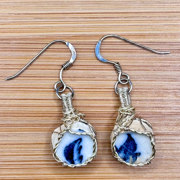 Scottish sea pottery earrings - Sterling Silver fish hooks - Unique blue & white