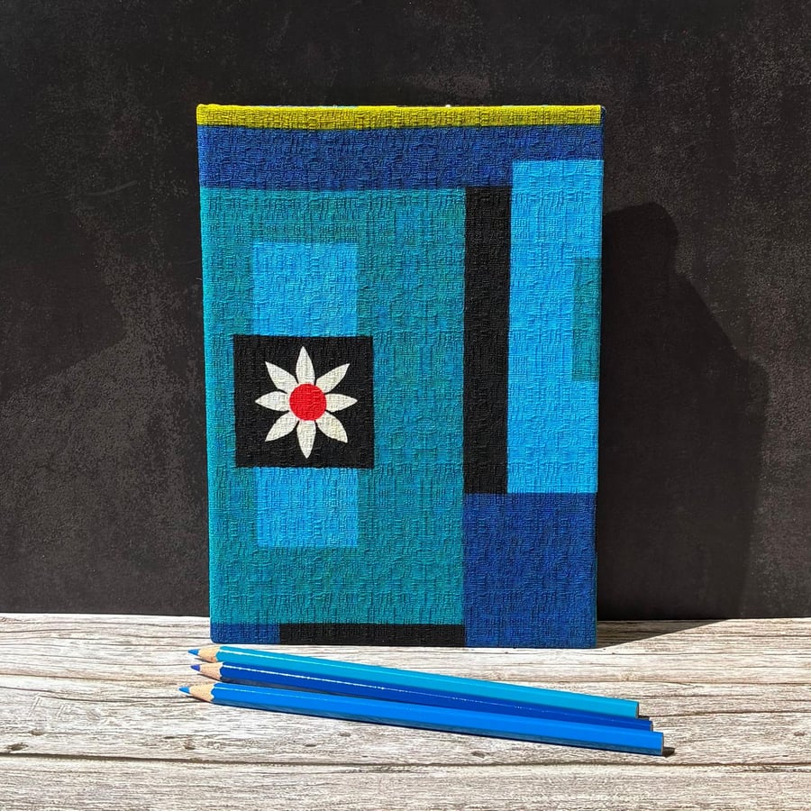 'Eleonore' Hand-Stitched A5 1960s Vintage Fabric Journal, Sketchbook,Royal Blue