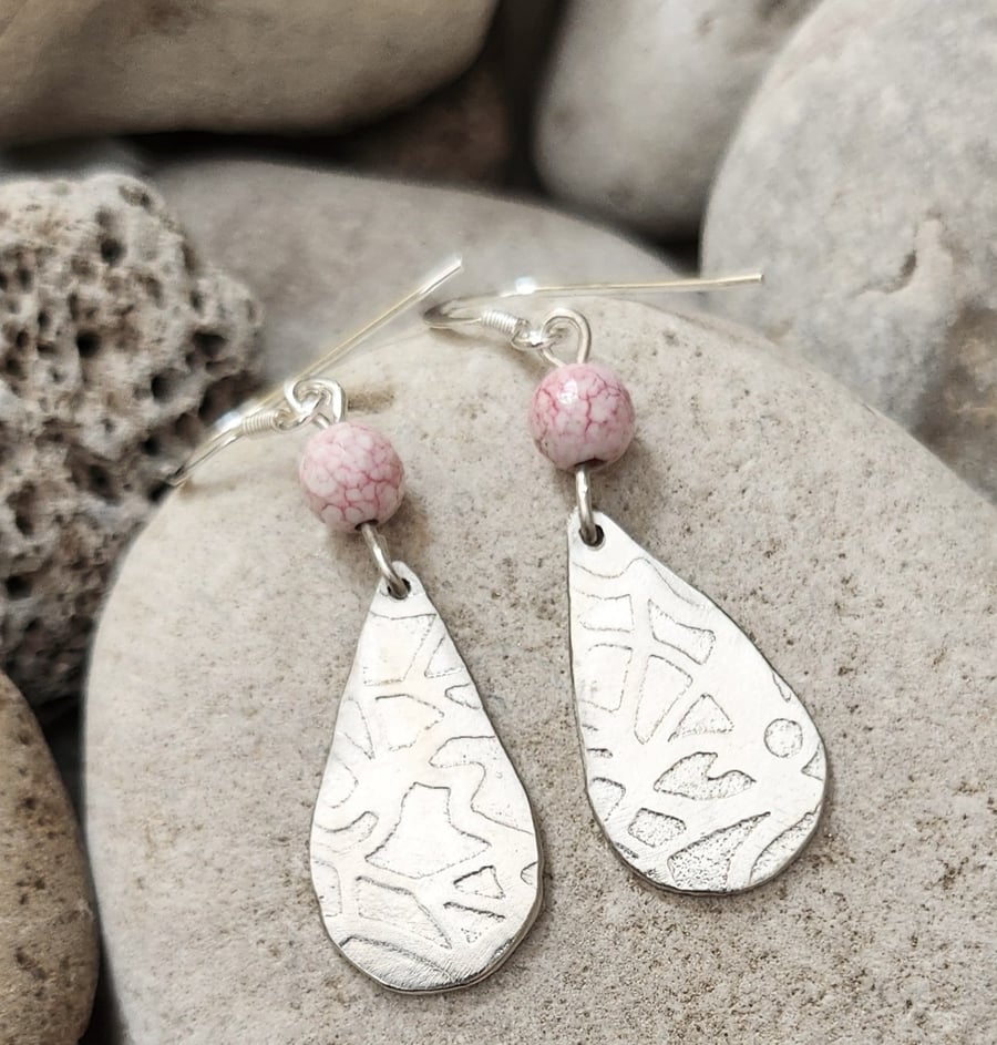 Teardrop earrings in etched pewter with sterling silver ear hooks