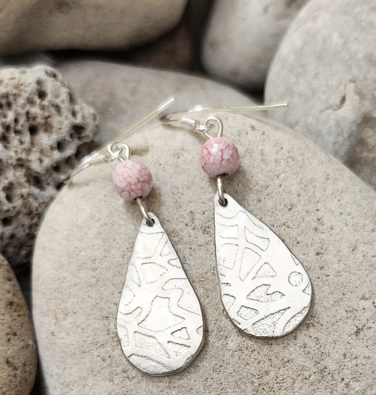 Teardrop earrings in etched pewter with sterling silver ear hooks