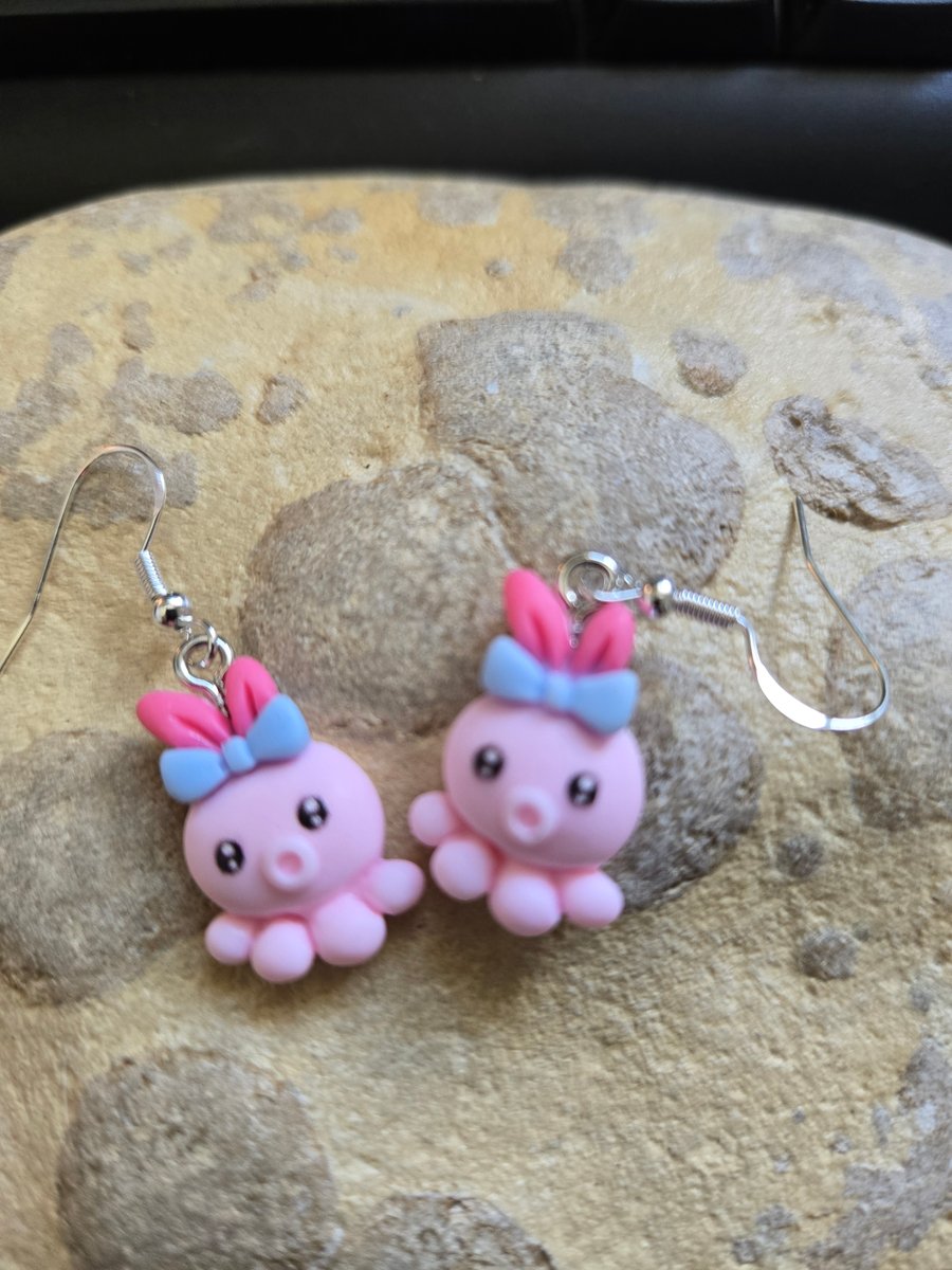 Novelty Pink Octopus Resin Earrings with 925 silver ear wires