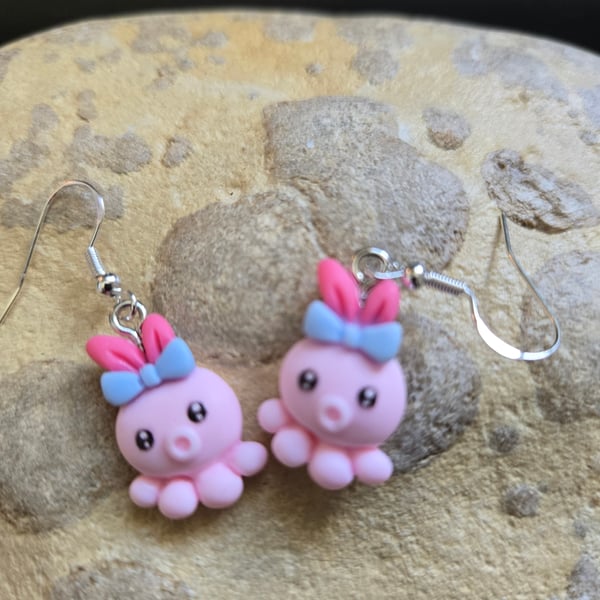 Novelty Pink Octopus Resin Earrings with 925 silver ear wires