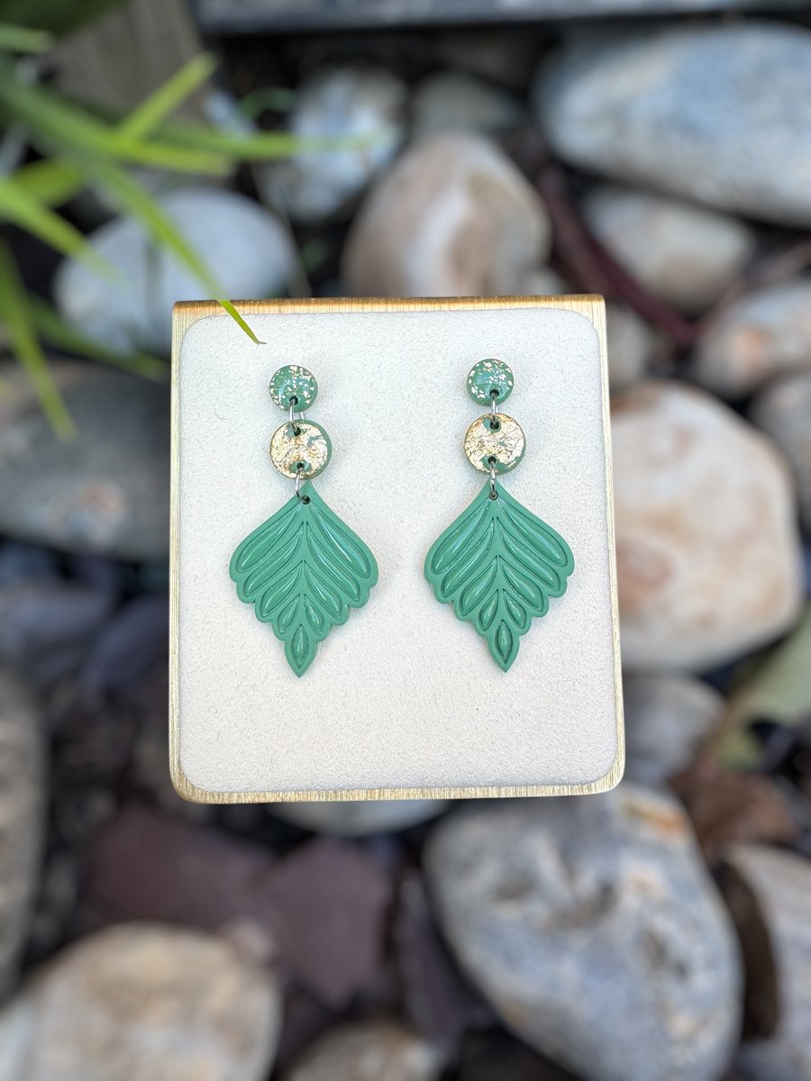 Sage Green and Gold Ornate Leaf three tier Polymer clay Earrings