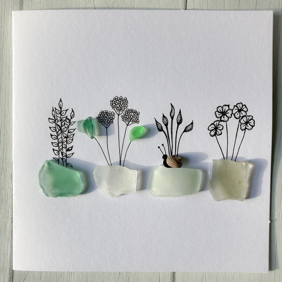 Hand drawn ‘garden pots’ greeting card with Cornish sea glass 