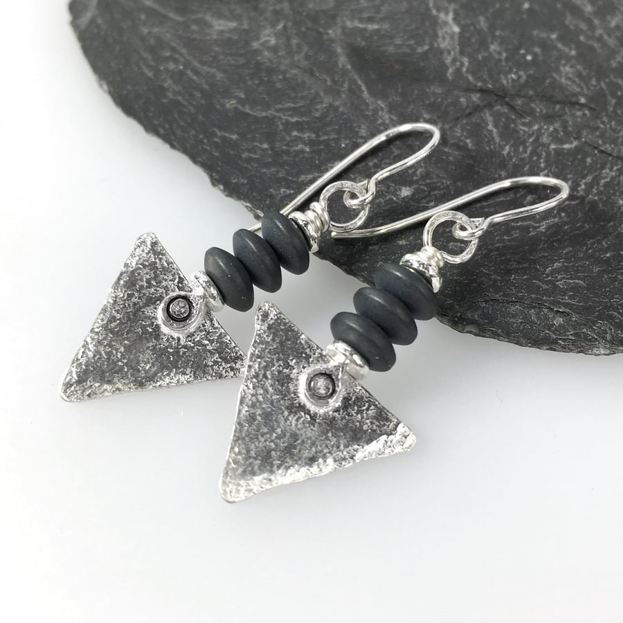 Sterling silver and hematite triangle earrings