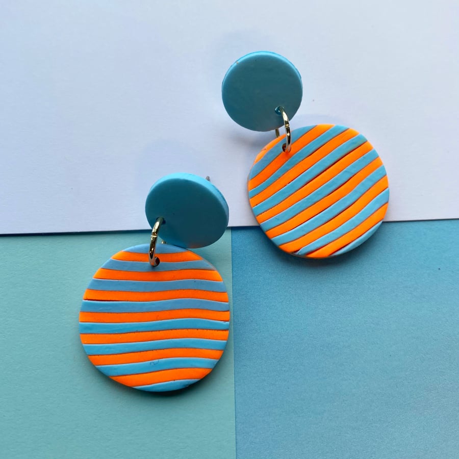 Orange and Blue Striped earrings, stripey earrings, bright stripey earrings