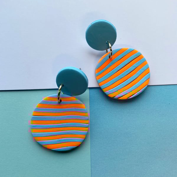Orange and Blue Striped earrings, stripey earrings, bright stripey earrings