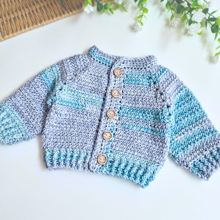 Newborn Crochet Baby Cardigan – Variegated Turquoise 