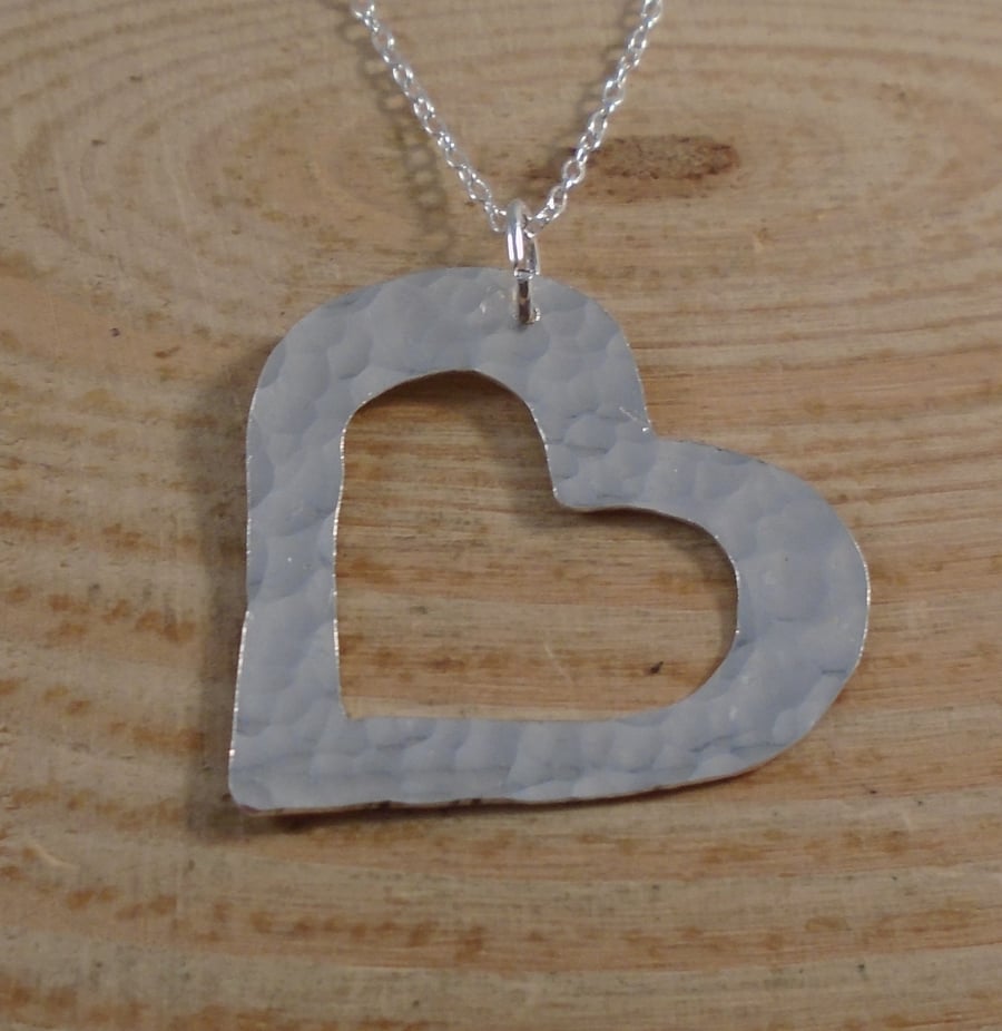 Sterling Silver Hammered Pierced Heart Necklace