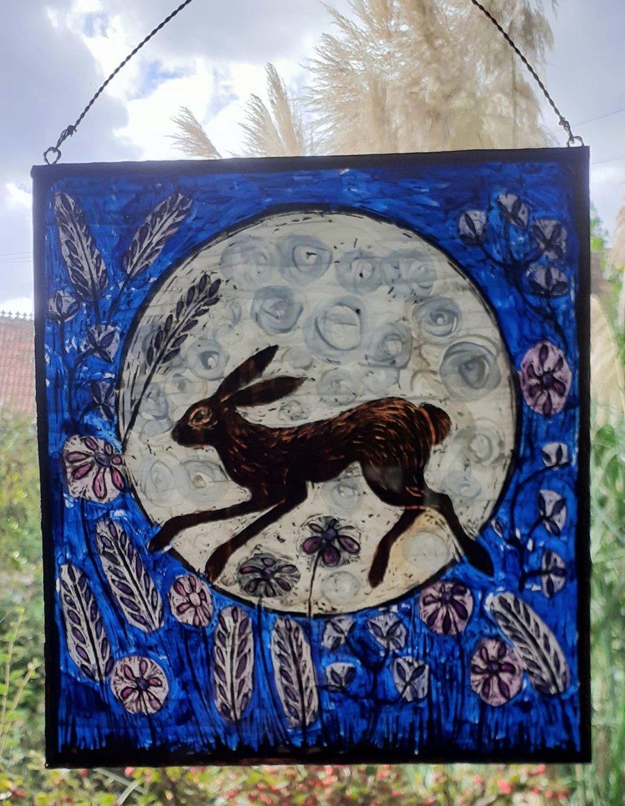 HARE SUNCATCHER  or WALLHANGING. Handpainted Glass. 10 x 9 "