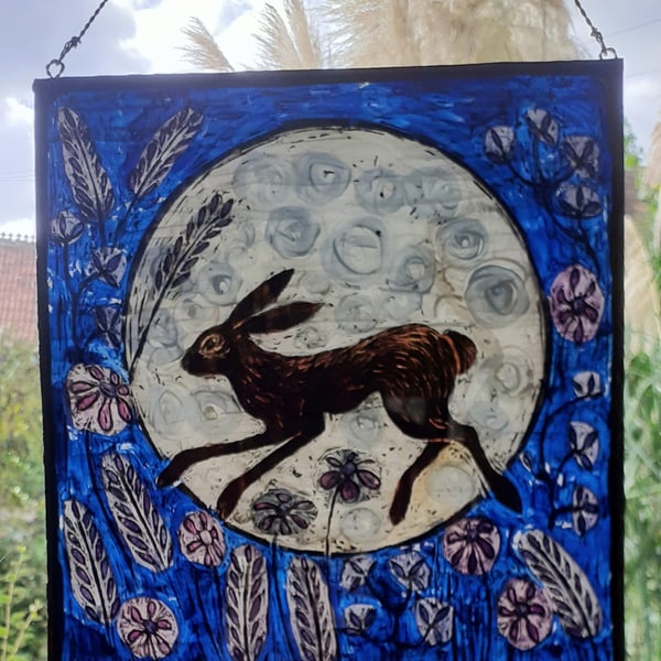 HARE SUNCATCHER  or WALLHANGING. Handpainted Glass. 10 x 9 "
