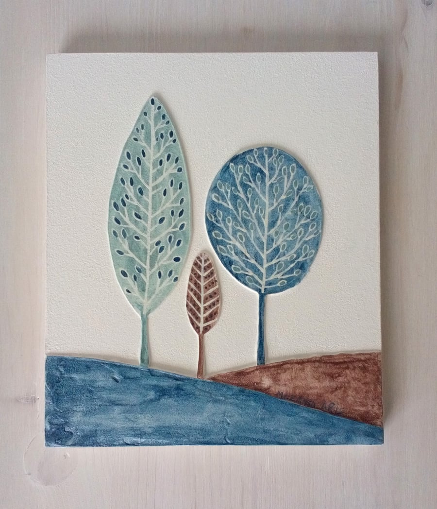 'Hills And Trees Textured Art' Wall Plaque (teal a)