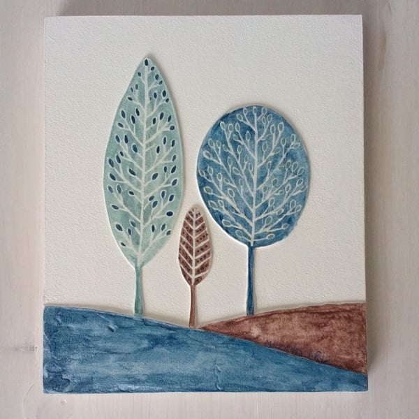 'Hills And Trees Textured Art' Wall Plaque (teal a)