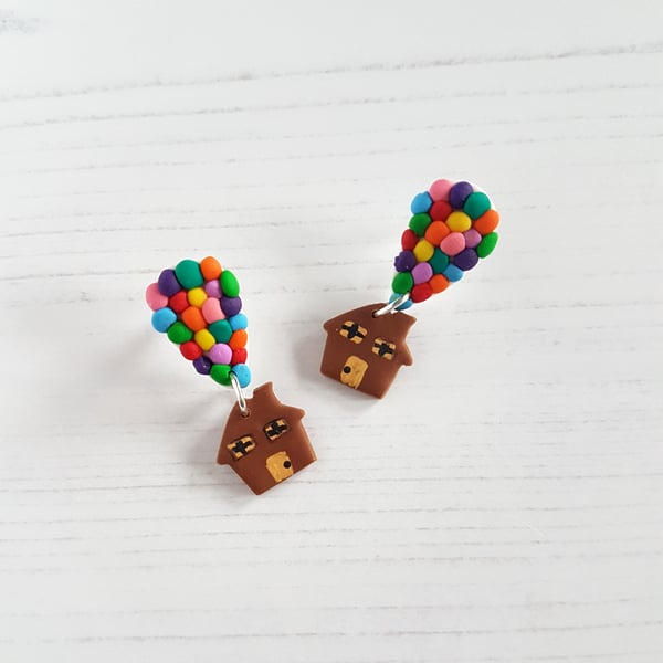 Rainbow Balloon and house dangle stud earrings