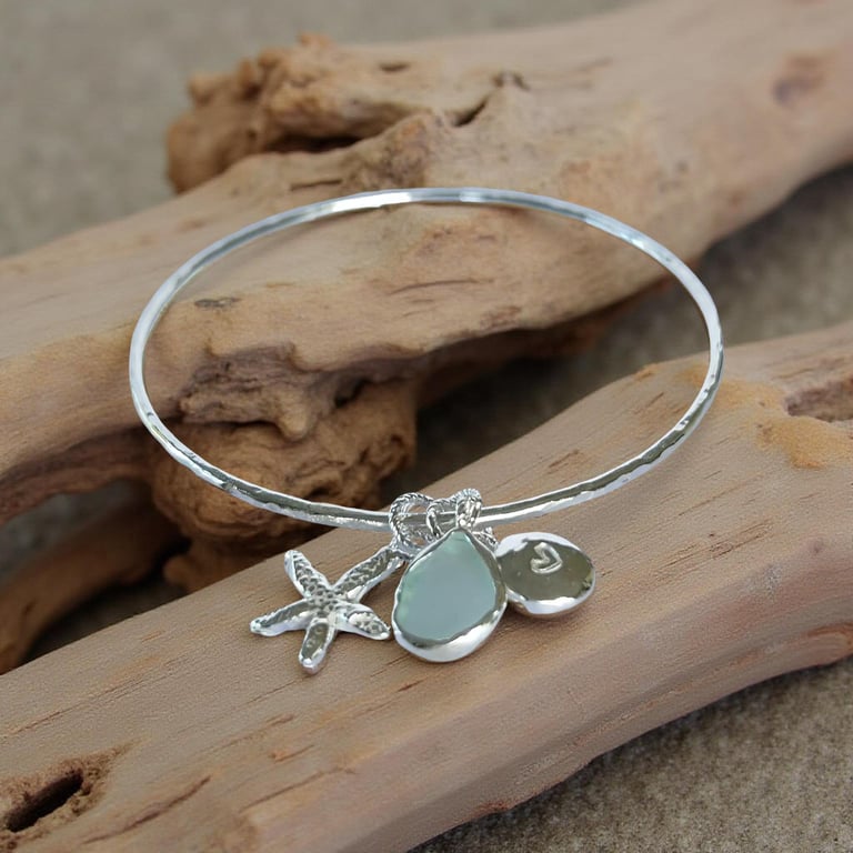 Sterling Silver Sea Glass Charm Bangle