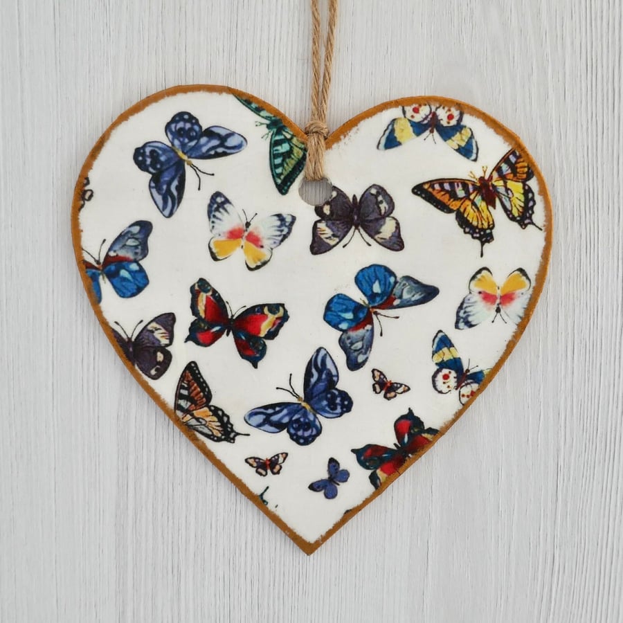 Decoupaged Wooden Hanging Heart - Butterflies