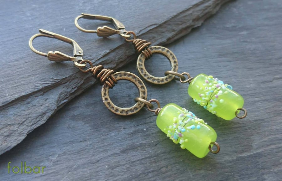 Antique gold and lime green earrings