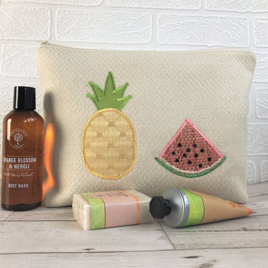 Tropical toiletry bag, wash bag in cream fabric with pineapple and watermelon