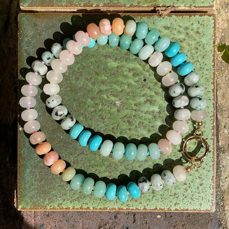 Cool Peach Mixed Gemstone Hand Knotted Beaded Necklace