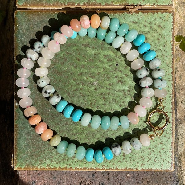 Cool Peach Mixed Gemstone Hand Knotted Beaded Necklace