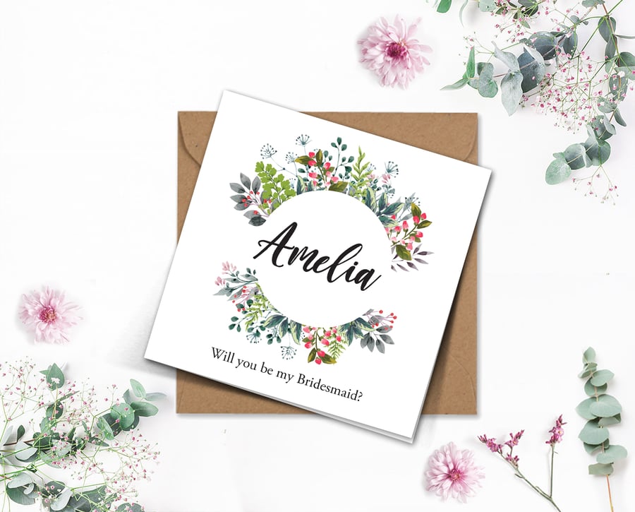 PERSONALISED wedding wild floral wreath Bridesmaid Flower Girl 6x 6in white card