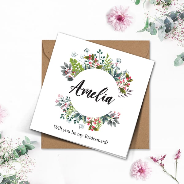 PERSONALISED wedding wild floral wreath Bridesmaid Flower Girl 6x 6in white card