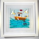Quirky seagull framed glass art picture