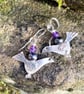 Silver bird earrings with amethyst and black pearl. - Image 1
