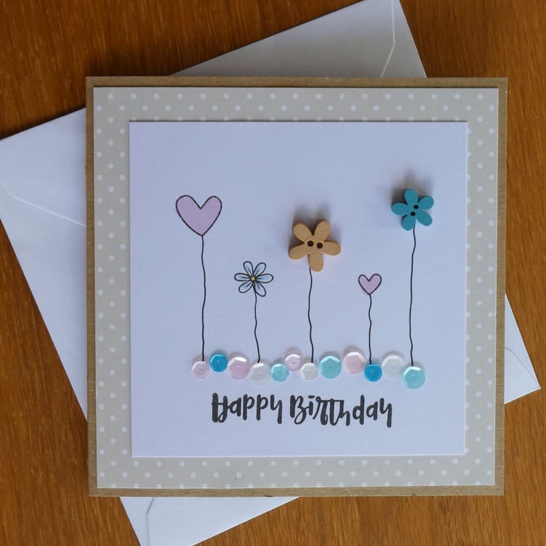 Birthday Card - Flowers, Hearts and Sequins - Kraft - Fawn