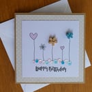 Birthday Card - Flowers, Hearts and Sequins - Kraft - Fawn