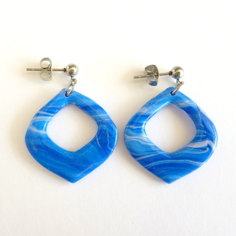 Ocean Blue & White Swirl Polymer Clay Earrings, Marbled Statement Jewellery