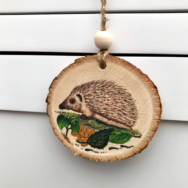 Hedgehog hand painted wood slice hanging decoration 
