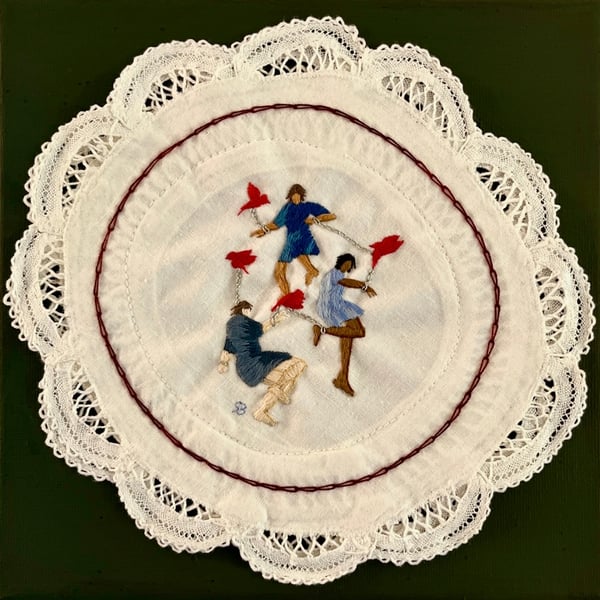 'Lift each other' Hand stitched embroidery art on vintage fabric