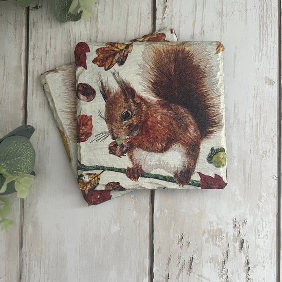 Slate Coasters Set of 2: Decoupage Red Squirrel, Home Decor, Dining, Gifts