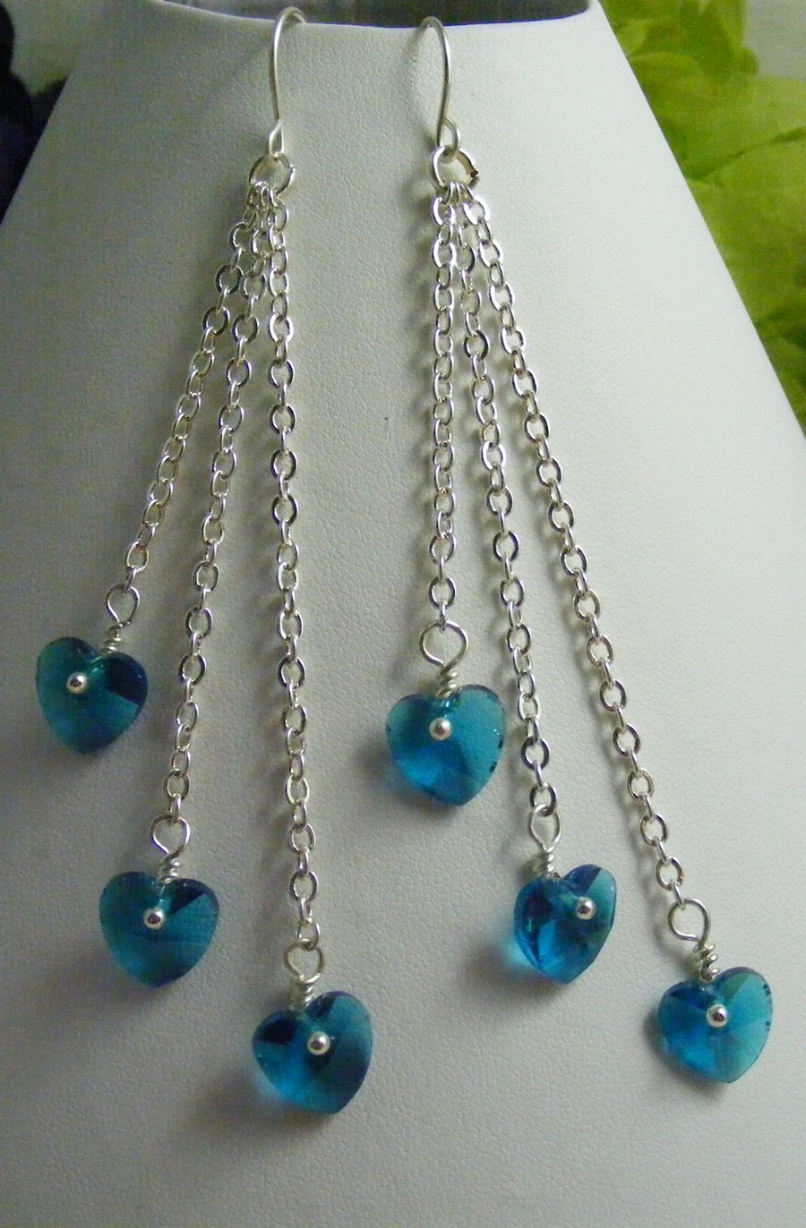 Blue glass Heart Chain Earrings