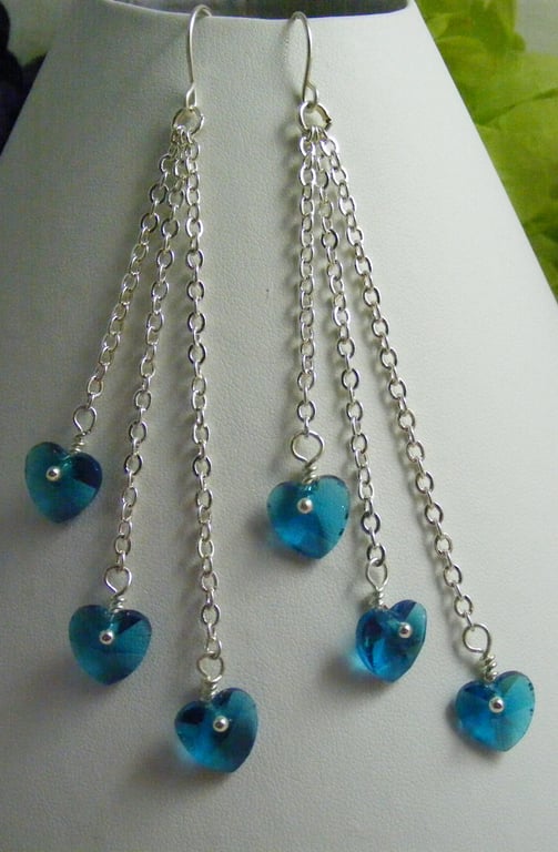 Blue glass Heart Chain Earrings