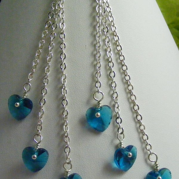 Blue glass Heart Chain Earrings