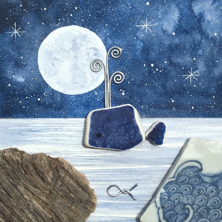 Whale by Moonlight - Original Watercolour, Beach Pebble Art & Driftwood Picture.