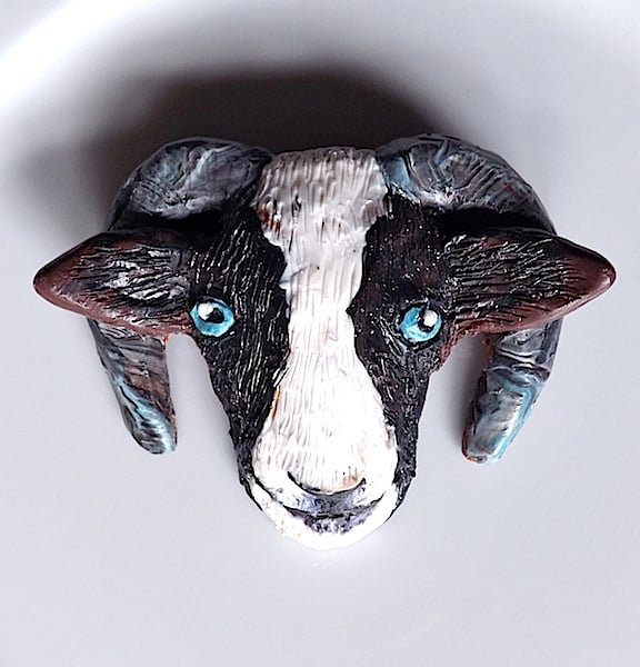 Jacob sheep brooch, badge, original in fired polymer clay, hand sculptured.