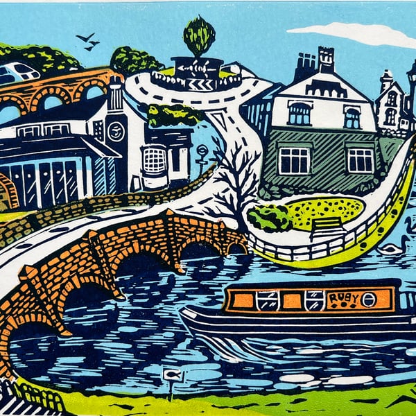 Barrow Upon Soar- 'River Soar' Lino Print- Colour