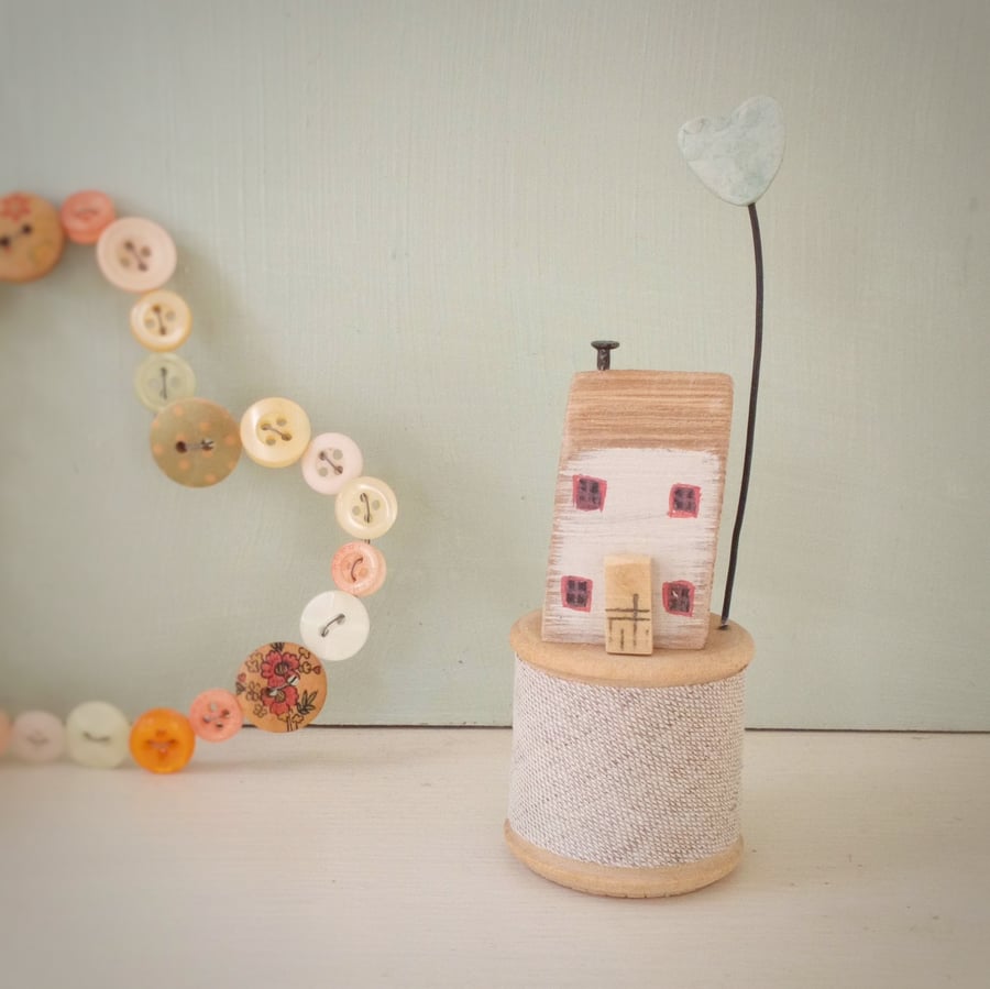 SALE - Little oak wood house and clay heart on a vintage bobbin