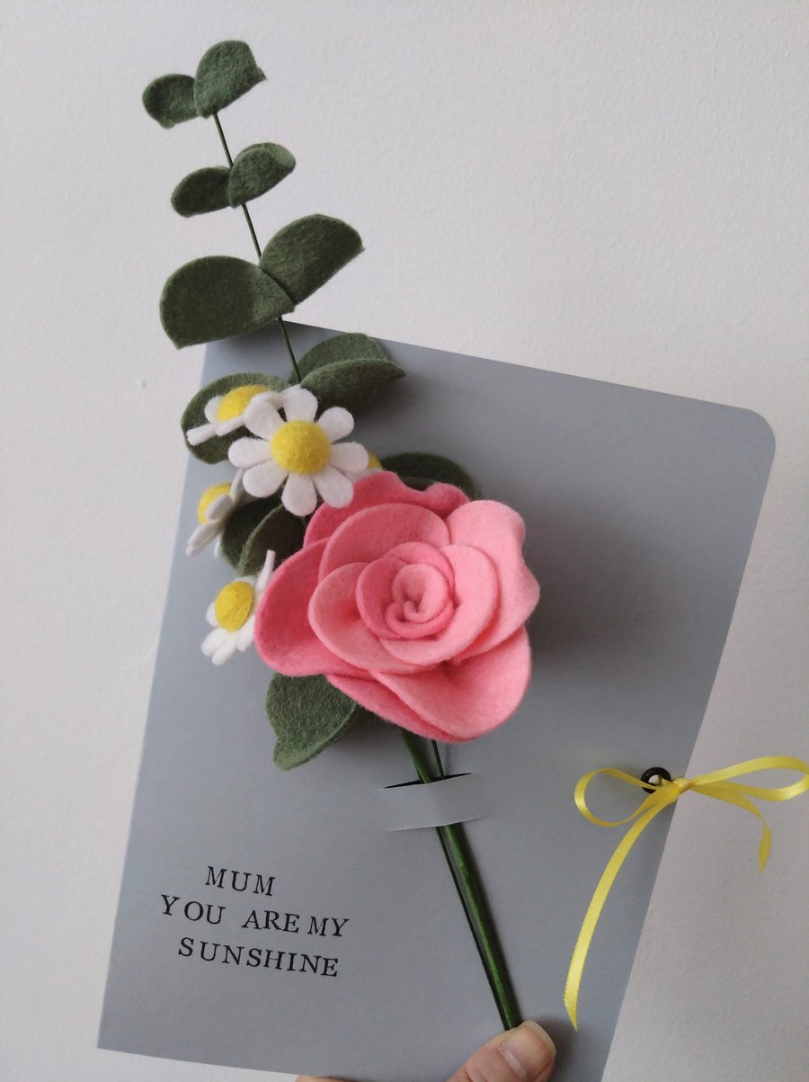 Large Felt Flowers Card  - Rose, Chamomile & Eucalyptus 