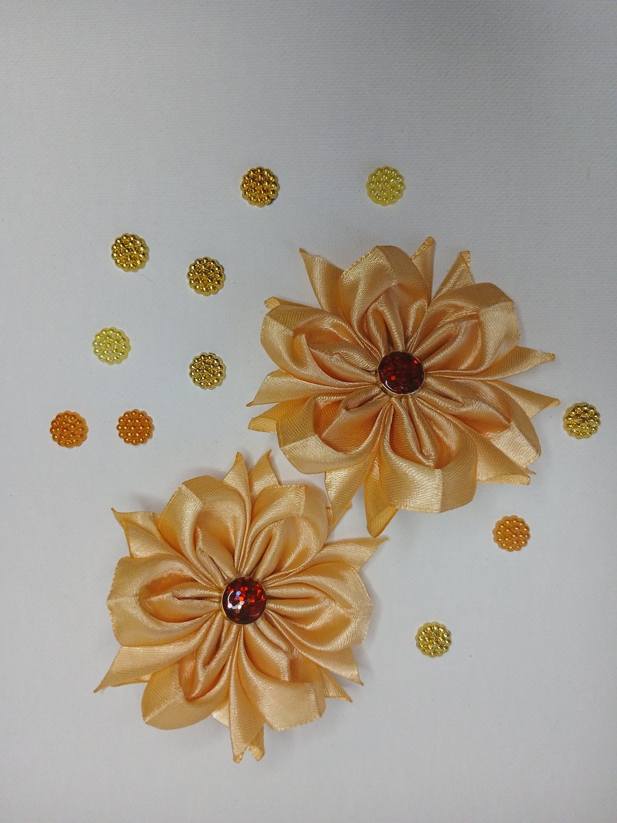 Image of Gold Satin Ribbon Flower Hair Ties, Set of 2, Champagne Flower