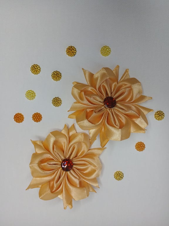 Gold Satin Ribbon Flower Hair Ties, Set of 2, Champagne Flower