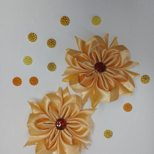 Gold Satin Ribbon Flower Hair Ties, Set of 2, Champagne Flower