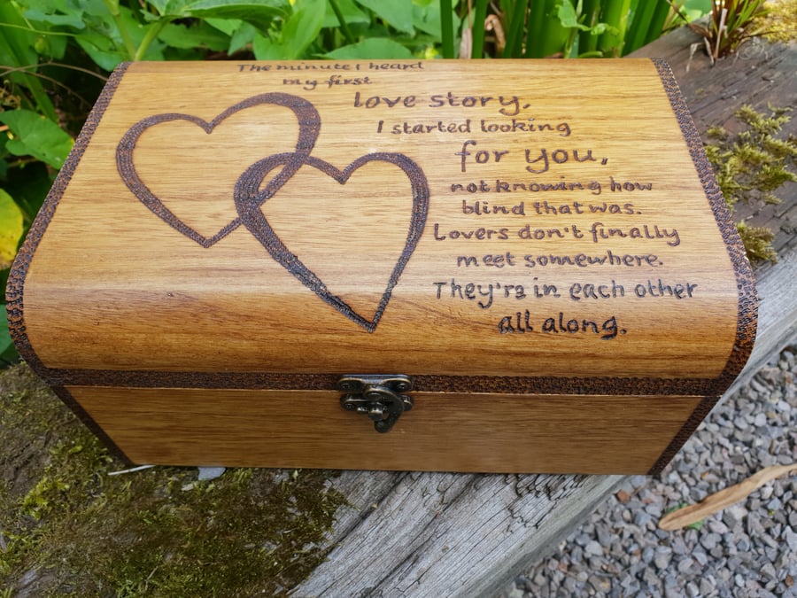 Valentines gift, lovers keepsake wooden chest, with quote, can be personalised.