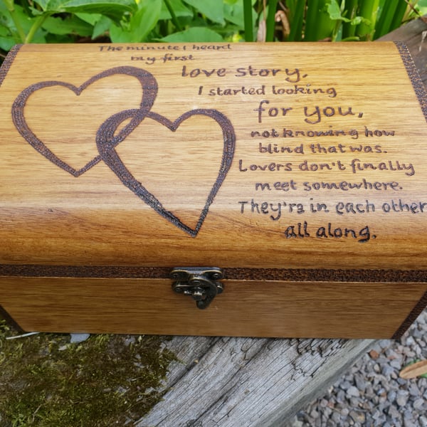 Valentines gift, lovers keepsake wooden chest, with quote, can be personalised.