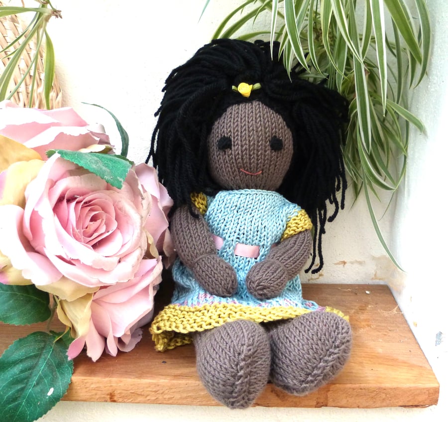 Doll. 12" Hand Knitted Doll Black African Doll Made in Wool With Removable Dress