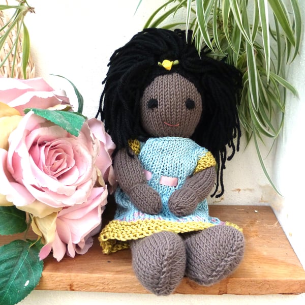 Doll. 12" Hand Knitted Doll Black African Doll Made in Wool With Removable Dress