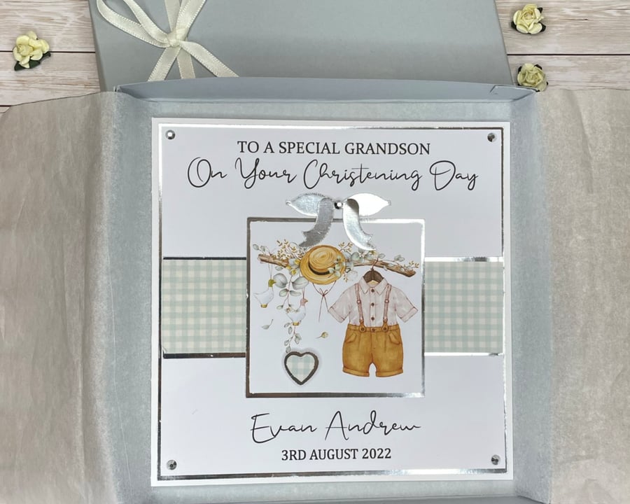 Personalised Christening Baptism Card Boy's Outfit Godson Grandson Nephew